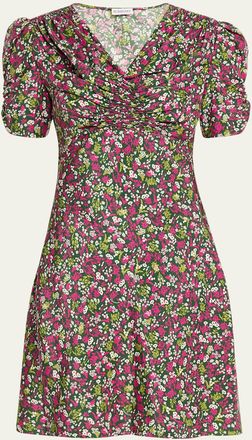 Burberry Jade Floral-Print Silk Ruched Short-Sleeve Mini Dress