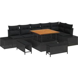 vidaXL Conjunto De Sof&aacute; De Jard&iacute;n Con Coj&iacute;n Con Almohada 9 Pcs Negro