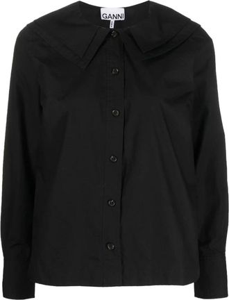 Ganni Dubbele-kraag Zwarte Poplin Blouse - Dames - Blouses - Zwart - S - Katoen - Overhemden