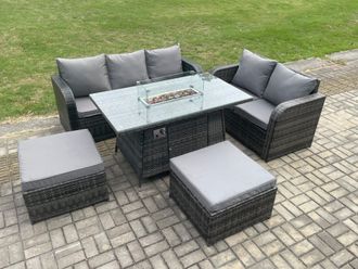 Fimous PE Wicker Outdoor Rattan Garden Furniture Set Propane Gas Fire Pit Table & Sofa set with 2 Big Footstool in Dark Grey