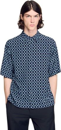 Sandro Link print loose-fit shirt in Navy Blue at Nordstrom, Size Xx-Large