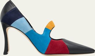 Manolo Blahnik 105mm Difusa Colorblock Mixed Leather Pumps