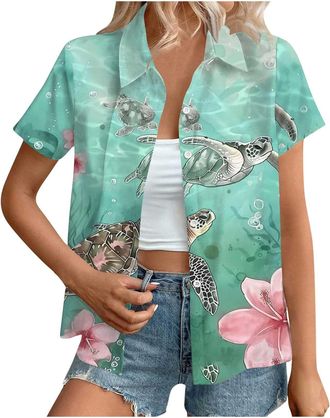 Generic Hawaiian Button Down Shirts Women Sale,Summer Floral Printed Short Sleeve Blouses 2025 Trendy Loose Lapel Soft Cool Beach Vacation Tops Boho Going Out