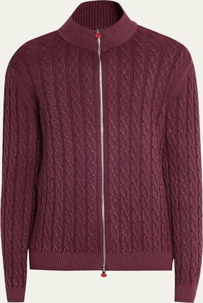 Kiton Mens Cashmere Washed Cable-Knit Full-Zip Sweater