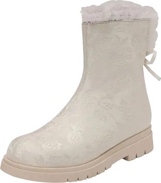 Generic Womens Mid Calf Boots Round Toe Med Thick Heel With Side Zipper And A Delicate Floral Butterfly-Knot Detail