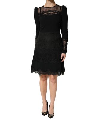 Dolce & Gabbana Womens Black Lace Sheer Panel Midi Long Sleeve Dress