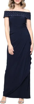 Alex Evenings Beaded Off the Shoulder Jersey Gown in Navy at Nordstrom, Size 12