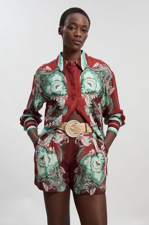 Karen Millen Womens Mirrored Viscose Linen Print With Raffia Belt Woven City Short - Rust - Size 16 UK