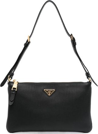 Prada Zwarte Leren Schoudertas met Logo - Dames - Schoudertassen - Zwart - ONE Size - Leer - Tassen