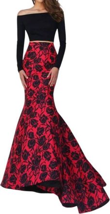 Sherri Hill Off The Shoulder Long Sleeve Dress In Black/red Print