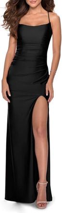 La Femme Long Prom Dress with Tie Up Back Jersey in Black at Nordstrom, Size 00