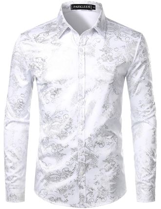 PARKLEES Mens Luxury Paisley Gold Shiny Printed Stylish Slim Fit Button Down Dress Shirt PZLCL18 White Silver XXL