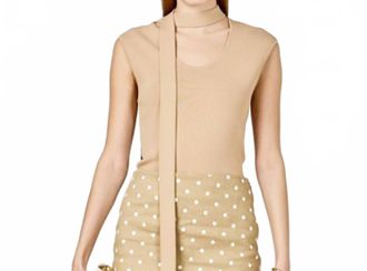 English Factory Neck Tie Knitted Top In Khaki