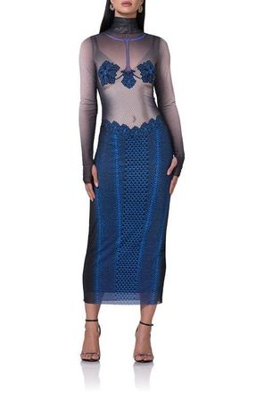 AFRM Shailene Long Sleeve Turtleneck Mesh Dress in Ornate Navy at Nordstrom, Size Xx-Small