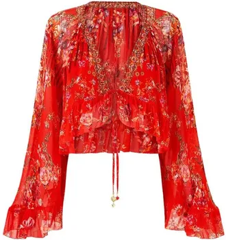 Camilla Overhemden, Dames, Rood, XS, Crop Ruffle Top