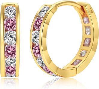 MAX + STONE Solid 14K Yellow Gold Cubic Zirconia Huggie Hoop Earrings in White, Pink or Red