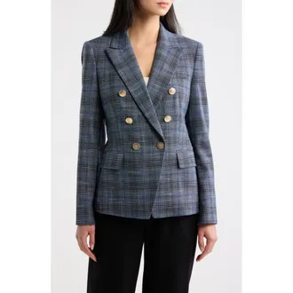 Tahari by ASL Plaid Double Breasted Jacket in Indigo Luggage at Nordstrom, Size 10