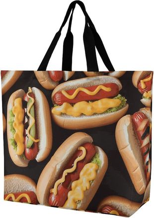 Generic Fun Food Hot Dogs Tote Bag Waterproof Grocery Bag Portable Shopping Bags For Picnic Travel Daily Use