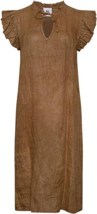 Tiffany & Co. Etta Frill Jurk Linnen - Dames - Casual kleedjes - Bruin - M/L - Linnen - Kleedjes