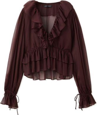 Mango Sheer Ruffle Shirt in Chocolate at Nordstrom, Size 8