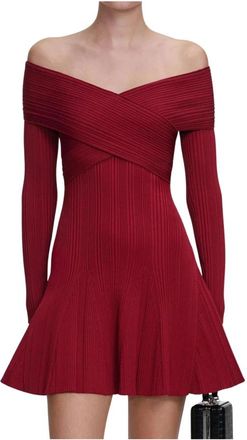 Self Portrait Jurk met off-shoulder geribde gebreide mini - Dames - Feestkleedjes - Rood - M - Polyester - Kleedjes