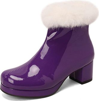 Generic Womens Patent PU Leather Ankle Boots Side Zipper with Faux Fur Trim Decor Comfort Round Toe Block Heel Winter Shoes (5.5,Purple)