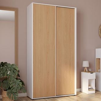 IDMarket Slidea Blanco Y Madera Armario Corredero De 2 Puertas Armario De 100 Cm Con Estantes De Maxi Capacidad