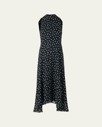 Akris Mock-Neck Polka-Dot Viscose Georgette Handkerchief Midi Dress