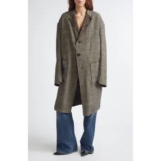 R13 Reversible Raw Cut Linen & Virgin Wool Longline Jacket in Khaki Black Mini Houndstooth at Nordstrom, Size X-Small