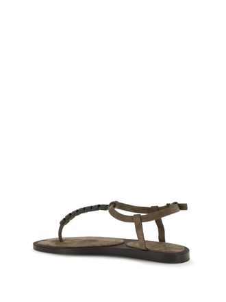 Brunello Cucinelli Womens Sandals Embellished T-Strap Calfskin Brown