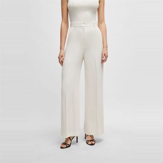 HUGO BOSS Womens Tikela Solid Patterned Wide Leg Chinos in Open White - Size 14 UK