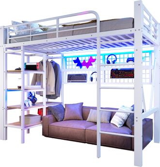 STILVORA Cama Alta 90 X 200 Cm Con Led Ajustable, Estante, Red De Almacenamiento Y Barra Para Ropa, Sin Colch&oacute;n, De Metal, Blanco