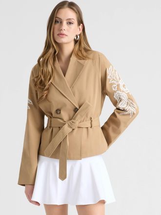 NVLT Womens Cropped Trench Coat with Embroideries