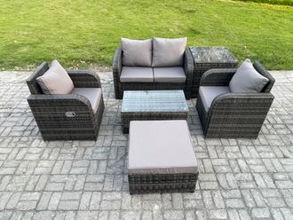 Fimous 6 PC Outdoor PE Rattan Garden Furniture Set Wicker Love Sofa Coffee Table 2 Armchair Big Footstool Side Table in Dark Grey
