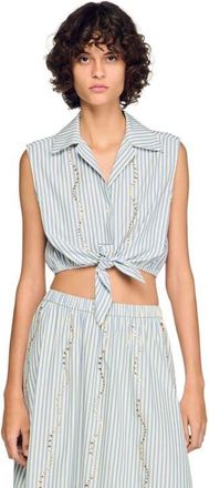 Sandro Cropped striped rhinestone shirt in Blue at Nordstrom, Size X-Small