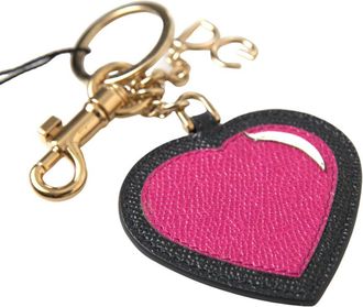 Dolce & Gabbana Zwart Fuchsia Hart Leer Gouden Metalen Sleutelhanger Sleutelhanger