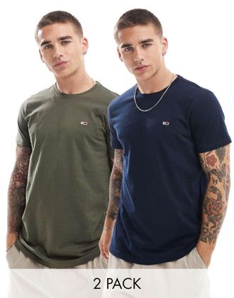 Tommy Jeans 2-pack slim flag logo T-shirts in dark khaki and navy-Green
