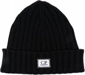 C.P. Company Merino Wol Muts met Logo - Heren - Hoeden - Zwart - ONE Size - Wol - Accessoires
