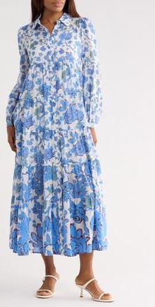 Diane Von F&uuml;rstenberg Kiara Floral Long Sleeve Tiered Shirtdress in China Vine Degrade at Nordstrom Rack, Size Xx-Small