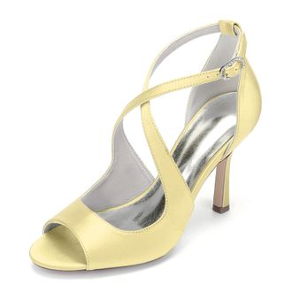 Generic Wedding Bridal Shoes Women Pumps Peep Satin Open Toe Strap Stiletto High Heel Dress Shoes Pumps Office Party Wedding9.5Cm,Yellow,10 UK