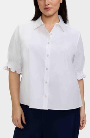 Foxcroft Vivienne Elbow Sleeve Matte Sateen Button-Up Shirt in White at Nordstrom, Size 1X