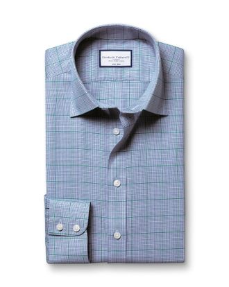 CHARLES TYRWHITT Non-Iron Twill Prince Of Wales Checkered Cotton Formal Shirt - Indigo Blue Single Cuff Size Large by Charles Tyrwhitt