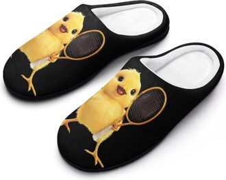 Generic Chicken Playing Tennis Mens House Slippers Memory Foam Washable Cotton Slip on Home Shoes