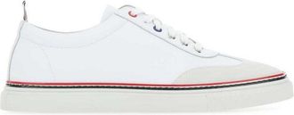 Thom Browne Low-Top White Leather Sneakers With Suede Accents And Signature Detailing