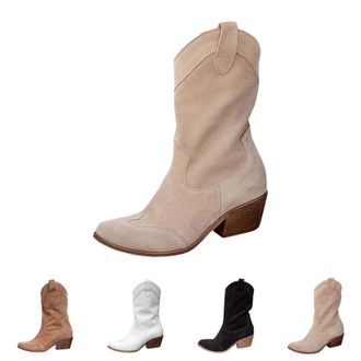 Generic Suede Ankle Boots for Women Wide Fit Chunky Low Heel Booties with Side Zipper Retro Mid Calf Boots Comfortable Slip On Walking Shoes Casual Lightweigh