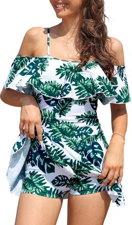 SHEKINI Womens Skirted One Piece Swimsuit Off-Shoulder Swimwear with Shorts Ruffled Flounce Swimming Costume Bathing Suits