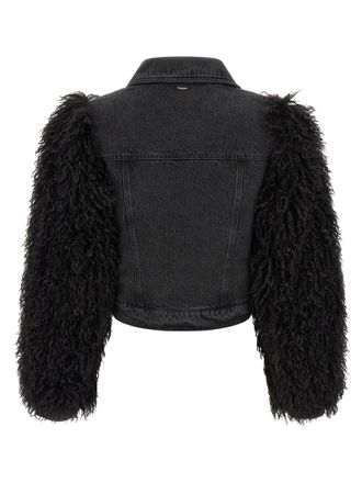 Twin-Set Shearling-Sleeve Denim Jacket - Black