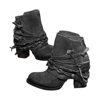 Generic Suede Ankle Boots Women Vintage Block Heels Mid Calf Boots Back Zipper Fashion Western Cowboy Chunky Motorcycle Leather Booties Comfortable Walking Sh