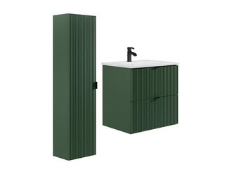 Vente-Unique Mueble de baño suspendido estriado, con lavabo encastrado y columna auxiliar- Verde mate - 60 cm - ZEVINI