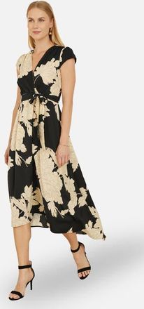 Yumi Blossom Print Dipped Hem Wrap Midi Dress in Black at Nordstrom, Size 14